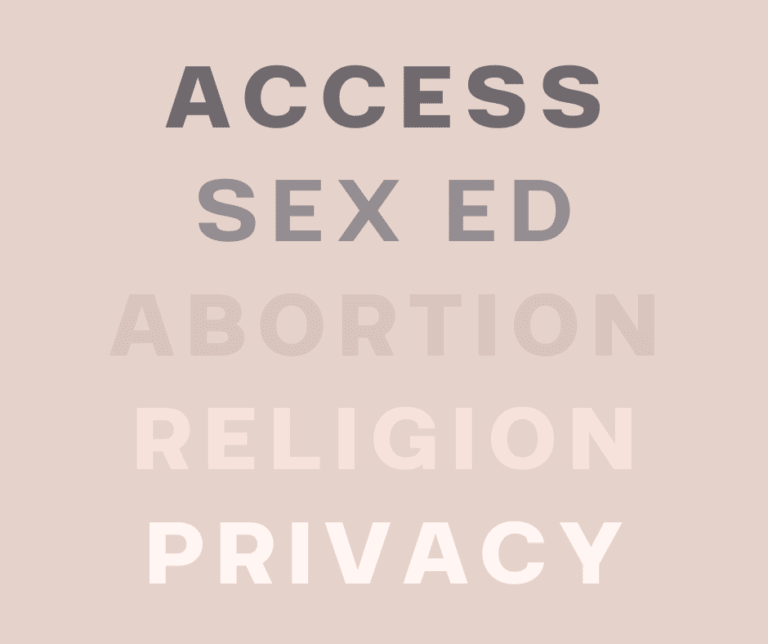 pink box with words access, sex ed, abortion, religion, and privacy