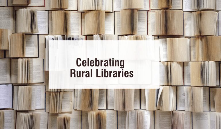 Celebrating Rural Libraries on a background of opened books