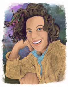 Illustrated portrait of Jensen, with dark hair and a brown coat over a blue shirt, their hand resting on their chin